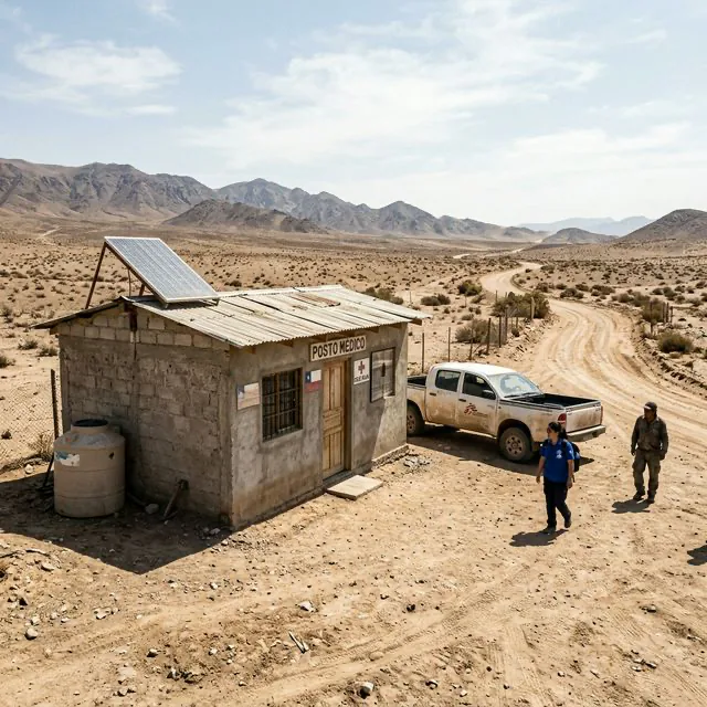 Concrete medical post in a desert border zone with a rooftop solar panel