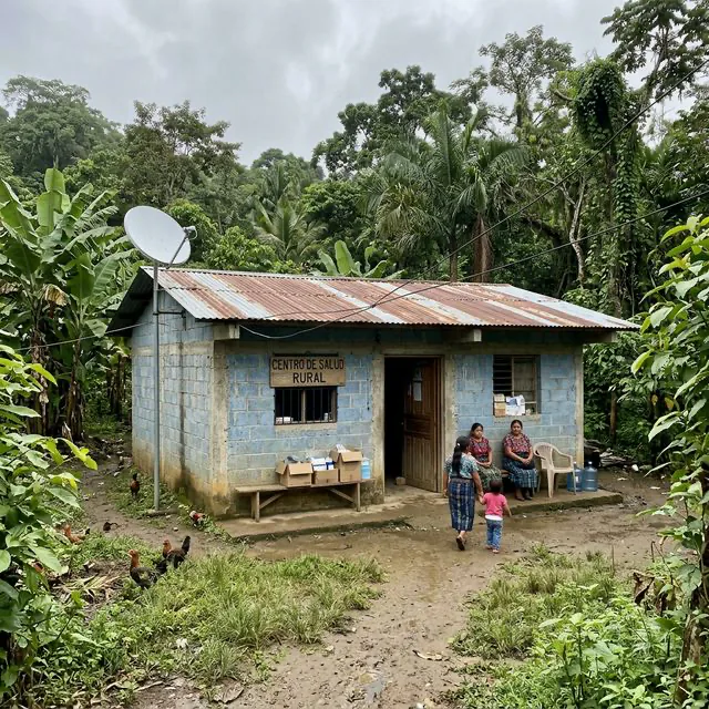Rural outpatient clinic with zinc roof and satellite antenna surrounded by tropical vegetation