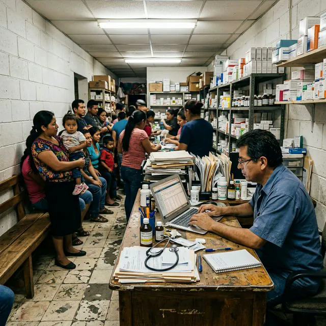 Peri-urban dispensary interior with a doctor caring for patients using a laptop